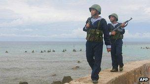 Vietnamese sailors patrolling on Phan Vinh Island in the Spratly archipelago June 14, 2011