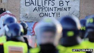 Riot police prepare to evict travellers and their supporters from Dale Farm, near Basildon, east of London, on October 19, 2011