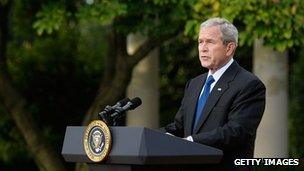 former President W Bush giving a speech at the White House while still in office 14 October 2008