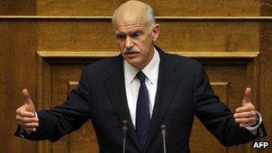 Greek Prime Minister George Papandreou addresses parliament in Athens - 3 November 2011