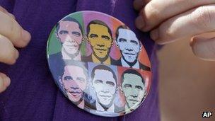 An Obama badge from the Democratic National Congress in Denver, Colorado 2008