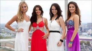 (L-R) Miss England Alize Mounter, Miss Northern Ireland Finola Guinnane, Miss Scotland Jennifer Reoch and Miss Ireland Holly Carpenter pose beside the Thames on the London Eye