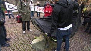 Protesters pitch camp outside Sheffield Cathedral on 5 November 2011.