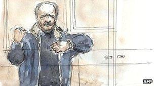 Courtroom sketch of Ilich Ramirez Sanchez on the first day of his trial in Paris on 7 November 2011