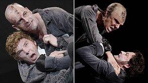 Benedict Cumberbatch and Jonny Lee Miller in their Frankenstein roles (photos by Catherine Ashmore)