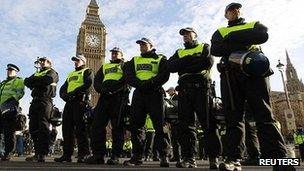 Metropolitan Police officers in Westminster at a tuition-fees protest in December 2010