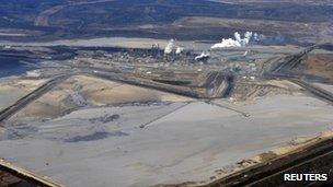 Suncor tar sands plant and tailings pond at their tar sands operation north of Fort McMurray, Alberta, 3 November 2011