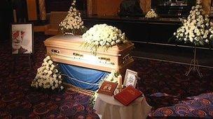 Jimmy Savile's gold-coloured coffin at Queens Hotel