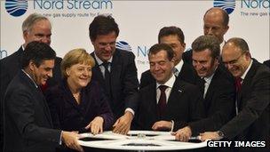 Chancellor Merkel of German, President Medvedev of Russia and other European leaders open the Nord Stream pipeline (8 November 2011)