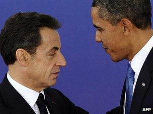 French President Nicolas Sarkozy (left) and US President Barack Obama in Cannes, 3 Nov 11