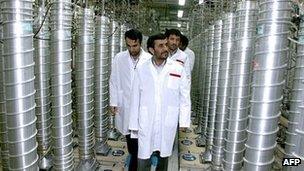 Iranian President Mahmoud Ahmadinejad visiting the Natanz uranium enrichment facility, 8 April 2008