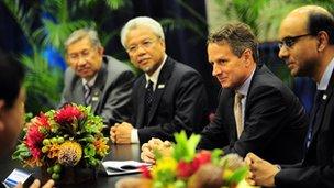 US Treasury Timothy Geithner with Singapore Finance Minister Tharman Shanmugaratnam and others