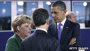 German Chancellor Angela Merkel with French President Nicolas Sarkozy and US President Barack Obama