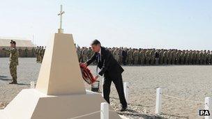 Defence Secretary Philip Hammond laid a wreath at the British base at Camp Bastion in Afghanistan