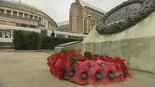 Poppy wreath at cenotaph in St Peter's Square, Manchester