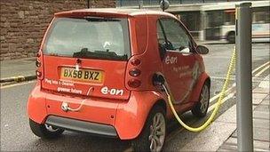 Electric car at a charging post