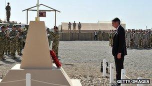 Defence Secretary Philip Hammond at an Armistice Day ceremony with UK troops in Afghanistan