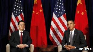 President Obama and Chinese President Hu Jintao at the APEC Summit in Honolulu on 12 November 2011.