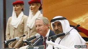 Sheikh Ahmed Bin Saeed Al-Maktoum (R) with Boeing's president of commercial airplanes Jim Albaugh (L)