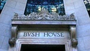 The front Portico entrance of BBC's Bush House in the Aldwych, London