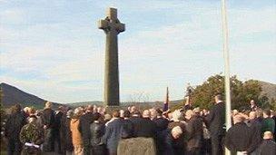 Remembrance at the war memorial in Porthmadog, Gwynedd