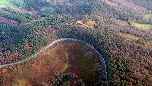 Aerial shot of the old A3 and Devil's Punch Bowl