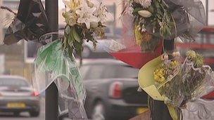 Floral tributes to Brian Dorling, a cyclist killed on the Bow Roundabout in east London