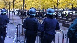 New York Police at Zuccotti Park after it was cleared of protesters 15 November 2011