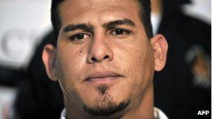 Washington Nationals baseball catcher Wilson Ramos at a news conference after he was freed by Venezuelan soldiers