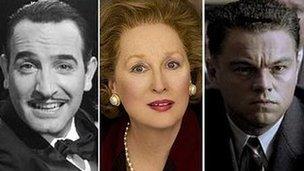 Jean Dujardin in The Artist, Meryl Streep in The Iron Lady and Leonardo DiCaprio in J Edgar