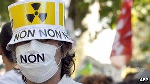 An anti-nuclear activist at a rally in Rennes, France, 15 October