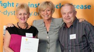 Lynn and Paul Leadbitter with Sue Barker (centre) - image from Muscular Dystrophy Campaign