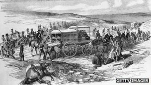 A British ambulance collects the wounded at Sevastopol during the Crimean War, circa 1855.