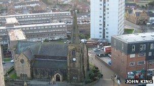 The maisonettes behind St Mary's Church, Flint