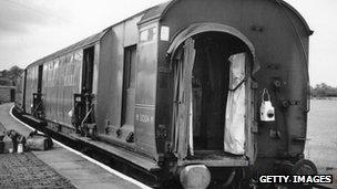 The uncoupled train coaches at Cheddington Station after the Great Train Robbery in 1963