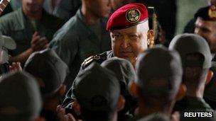 President Hugo Chavez talks to soldiers at Venezuela's military academy, 26 October 2011