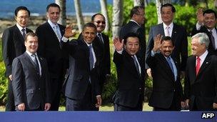 President Barack Obama with fellow leaders at the Apec summit in Honolulu on 14 November 2011