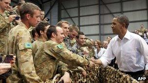 US President Barack Obama meets Australian troops in Darwin on 17 November 2011