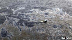 An aerial view of the oil spill off the coast of Brazil