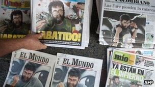 Newspaper headlines reporting the death of Farc leader Alfonso Cano