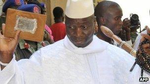 The Gambia's President Yahya Jammeh at a polling station in Banjul, The Gambia, on Thursday 24 November 2011