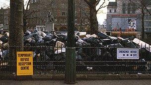 Leicester Square is buried in uncollected rubbish in the 1979 Winter of Discontent