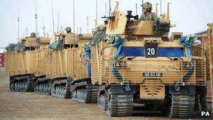 British soldiers from D Squadron Royal Scots Dragoon Guards at Camp Bastion, Helmand, Afghanistan, on 9 November 2011