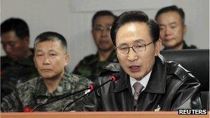 South Korean President Lee Myung-bak speaks during his visit to the Northwest Islands Defence Command in Hwaseong, November 23