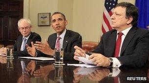 President of the European Council Herman Van Rompuy, US President Barack Obama and President of the European Commission Jose Manuel Barroso at the US-EU Summit in Washington, DC 28 November 2011