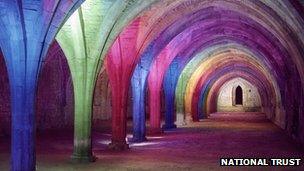 Fountains Abbey in North Yorkshire lit up