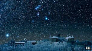 The night sky with Sirius, the dog star, on the left and Orion