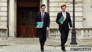 Chancellor George Osborne and chief secretary Danny Alexander leave the Treasury before the Autumn Statement