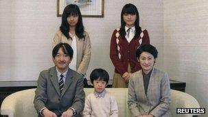 Prince Akishino and his wife Princess Kiko pose with their children Prince Hisahito, Princess Mako and Princess Kako on 29 November 2011