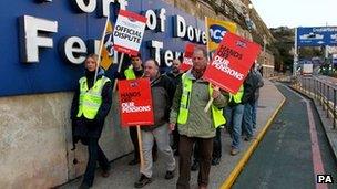 Public sector workers from the PCS Union on a picket line outside the Port of Dover